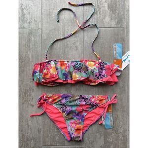 CALIFORNIA WAVES 2 Piece Bikini Set Neon Tropical Bandeau Halter Side Tie NEW M
